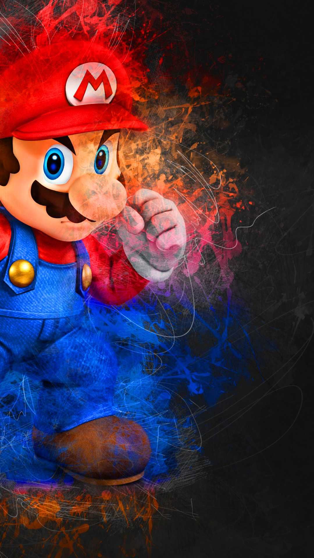 Dynamic illustration of Super Mario in action, set against a vibrant, abstract background