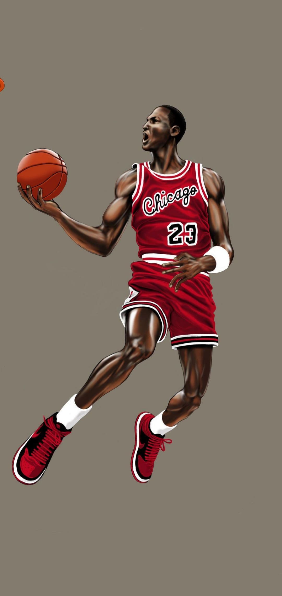 Michael Jordan soaring through the air for a dunk in his iconic Chicago Bulls jersey