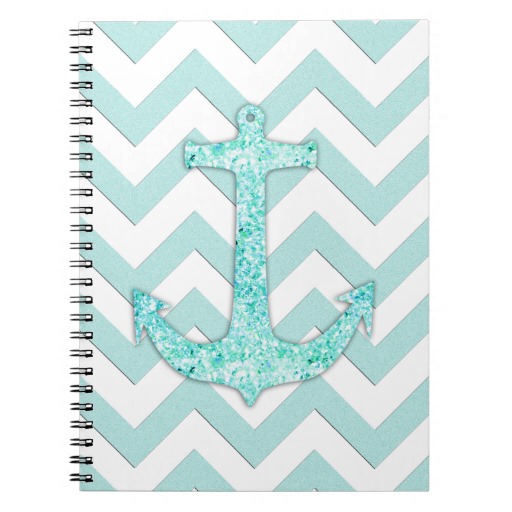 Aqua Glitter Nautical Anchor Teal Chevron Pattern Note Book