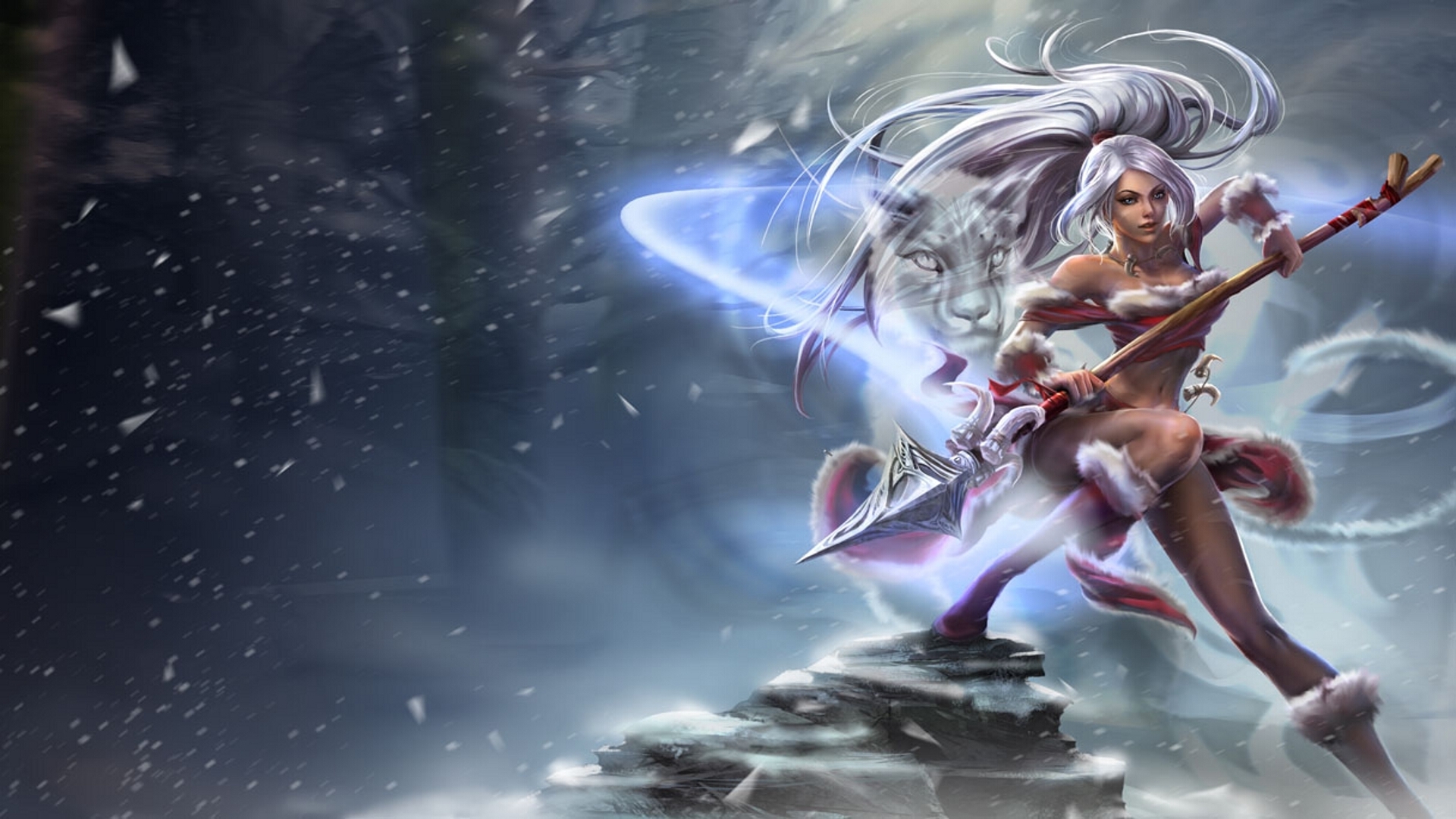 League Of Legends Nidalee Girl Cat Snow Cold Spear Fantasy Wallpaper