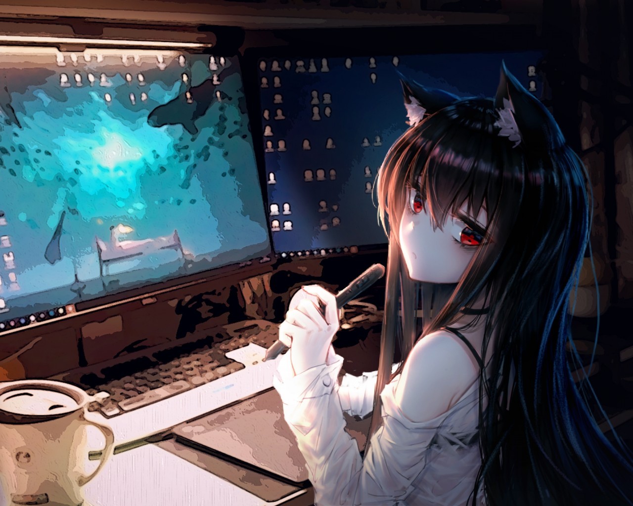 Anime Cat Girl Room Computer Animal Ears Coffee   Anime Gamer 1280x1024