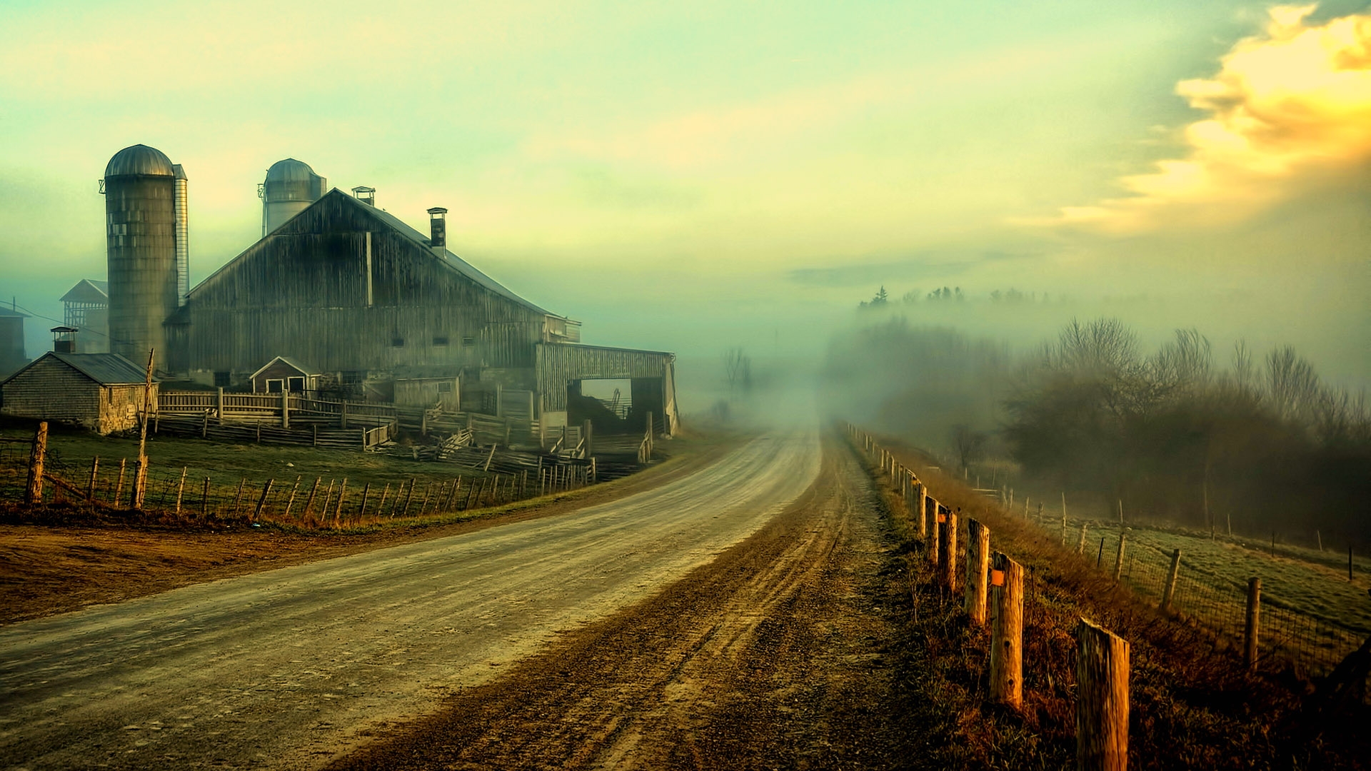 Farm Rustic Roads Fence Sky Clouds Houses Barn Wallpaper