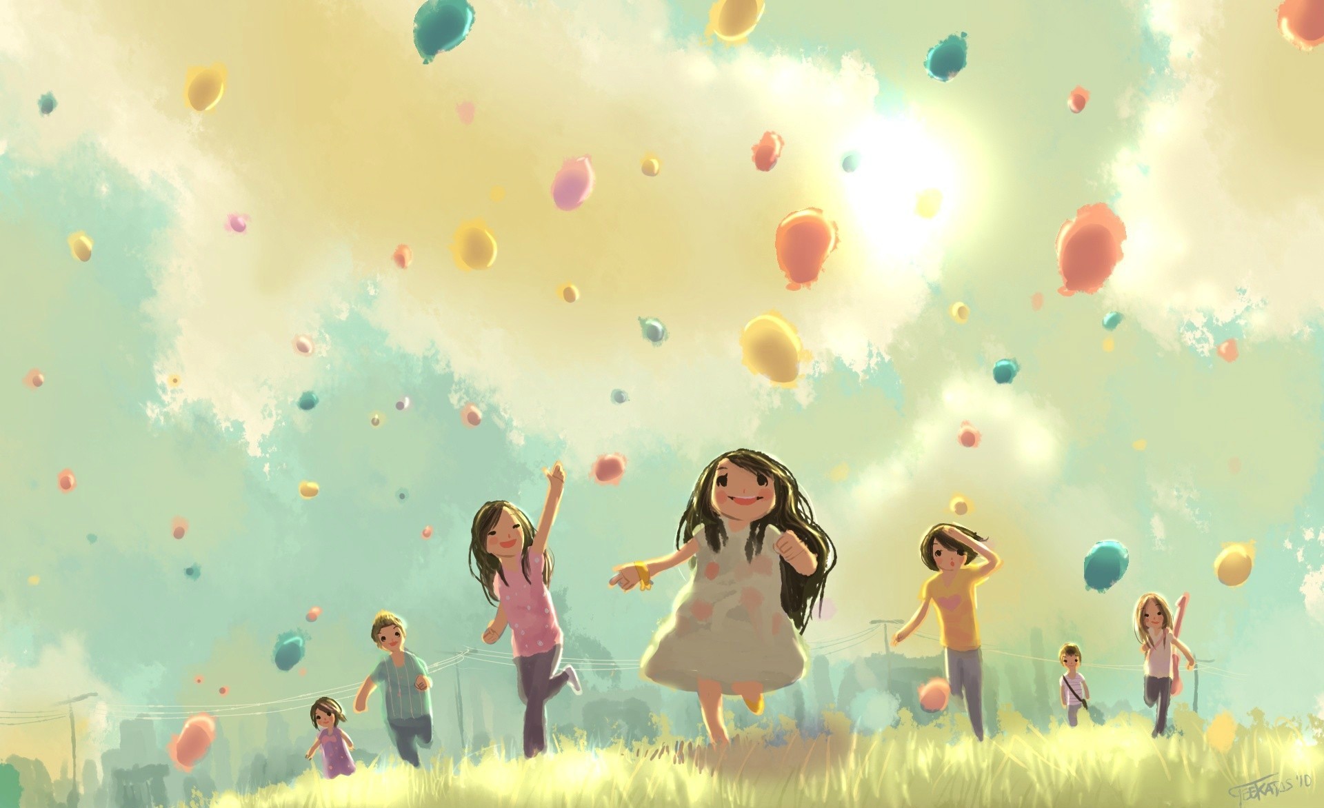 A group of joyful children play in a field beneath a sky filled with colorful balloons, evoking a sense of carefree happiness and childhood wonder