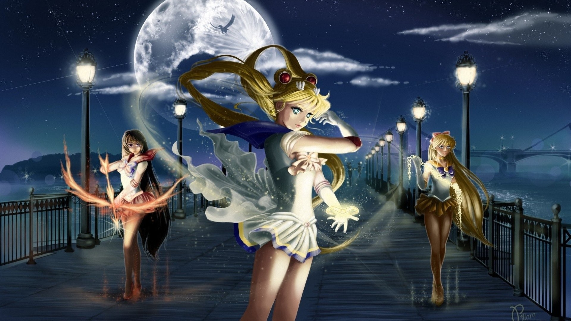 Sailor Moon, Sailor Mars, and Sailor Venus stand together under a full moon, illuminated by glowing streetlights