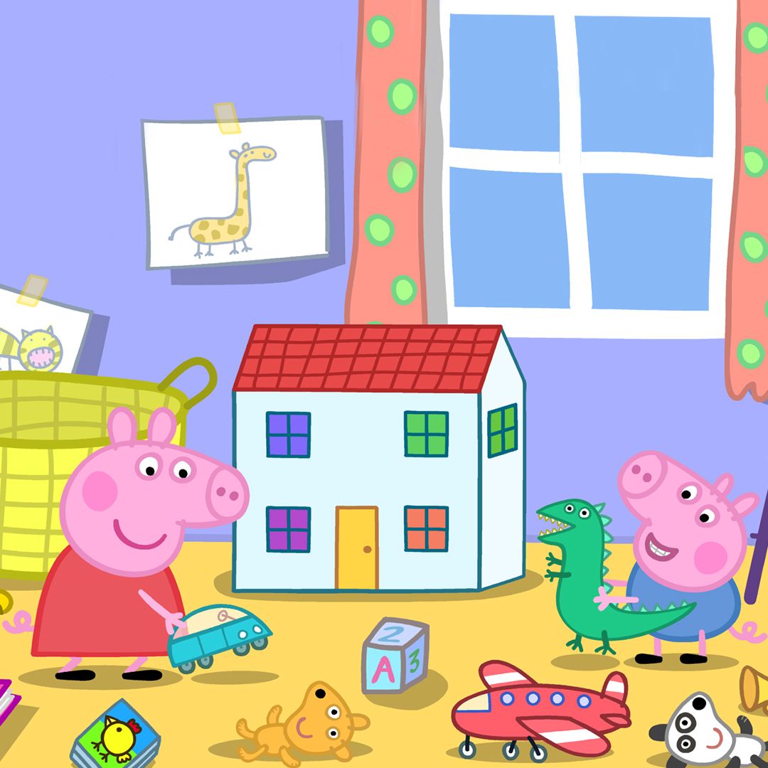 Peppa Pig and George playing in their playroom with toys, including a toy house, car, dinosaur, and plane. This vibrant image captures the playful spirit of the popular children's show