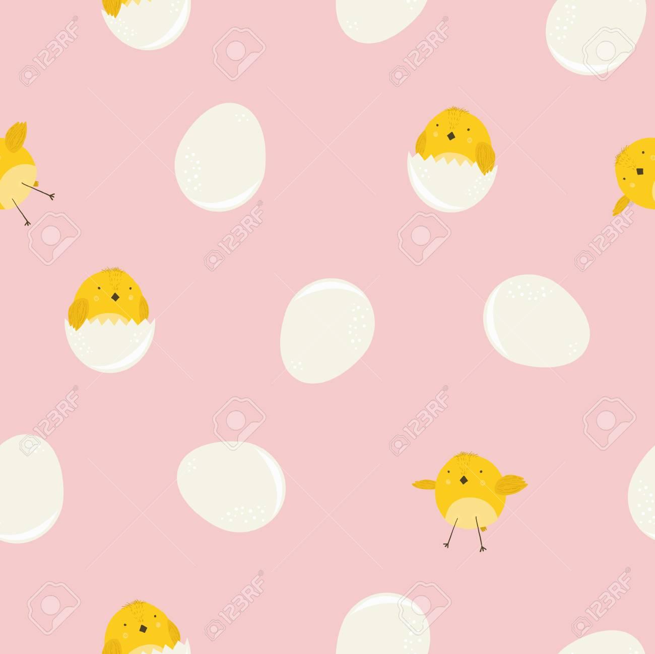 Cute Pink Seamless Pattern With Cartoon Yellow Chicken In Eggs And