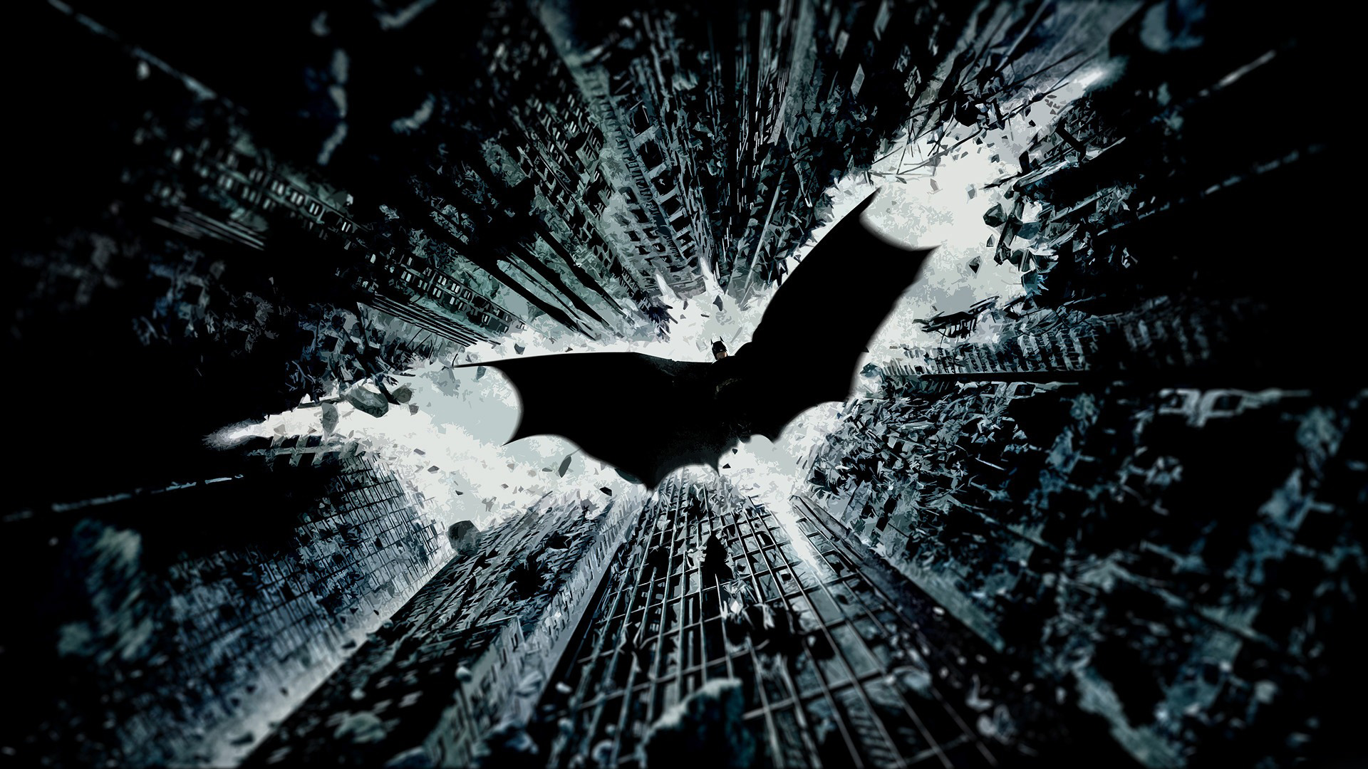 Batman soaring over Gotham City in The Dark Knight, a dramatic wallpaper