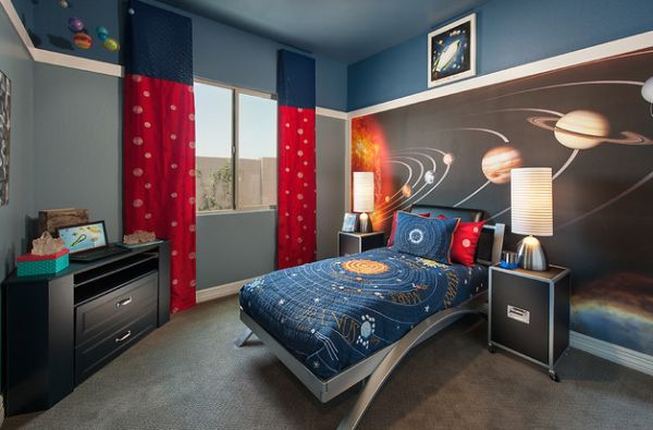 Kids Bedding And The Wallpaper Bring In Cosmos Into Bedroom Image