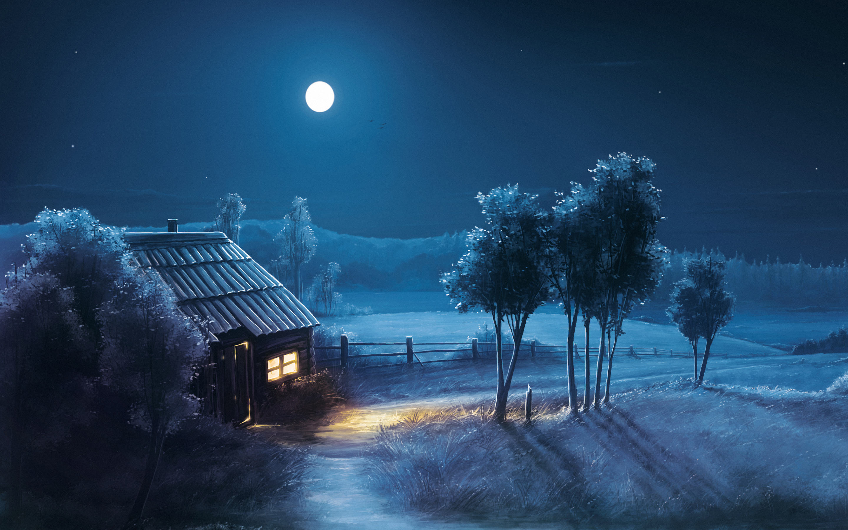 Blue Night Full Moon Scenery HD Wallpaper