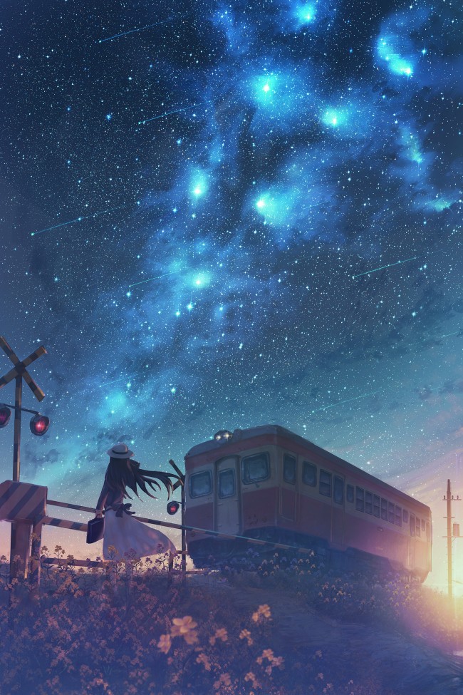 Wallpaper Anime Starry Sky Railroad Car Mood Girl Scenic