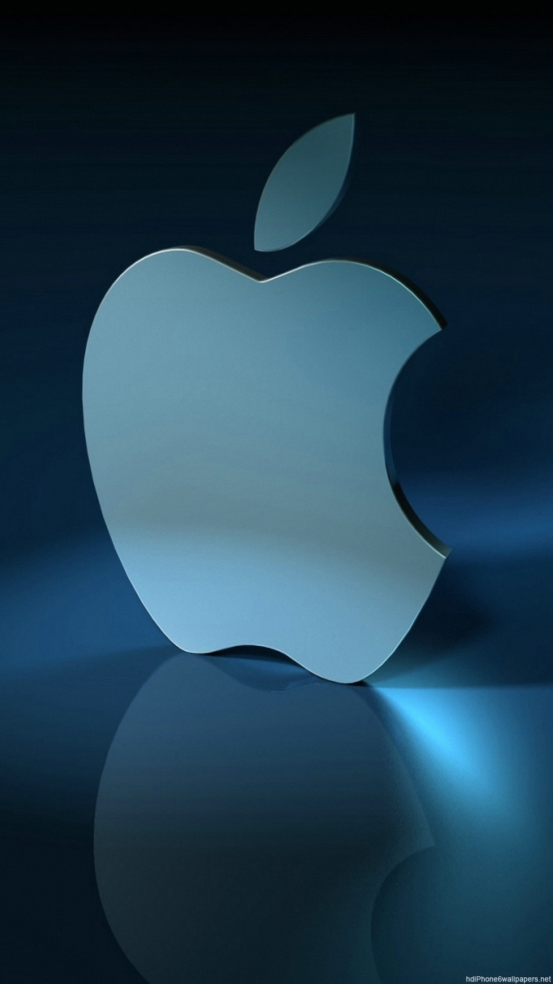 A minimalist, dark blue background with a glossy, light blue Apple logo and its reflection