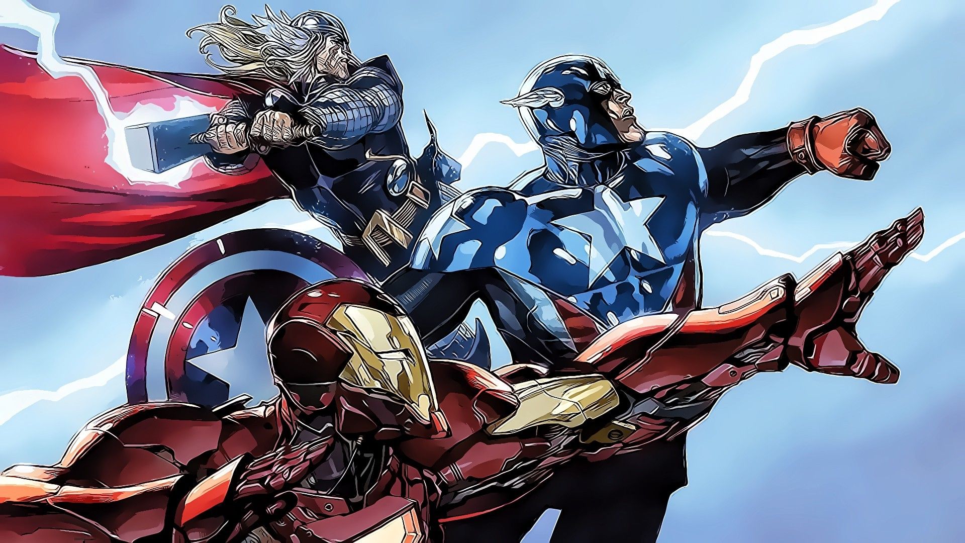 Thor, Captain America, and Iron Man in action, Marvel superheroes