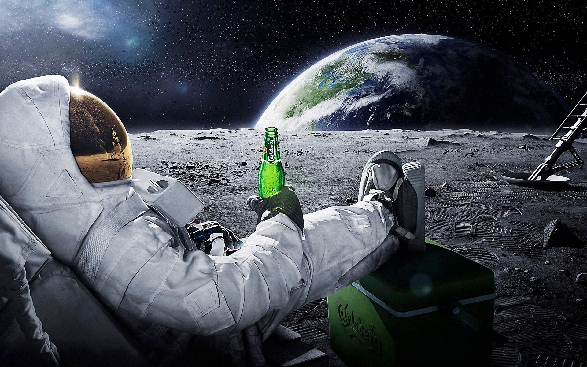 Astronaut Relaxing on the Moon with a Beer - Cool PC Wallpaper