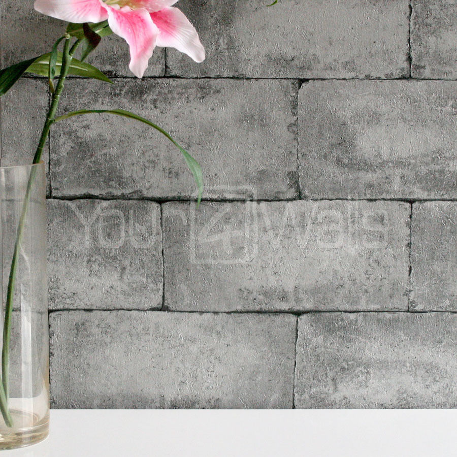 Stone Concrete Brick Effect Wallpaper Grey Charcoal