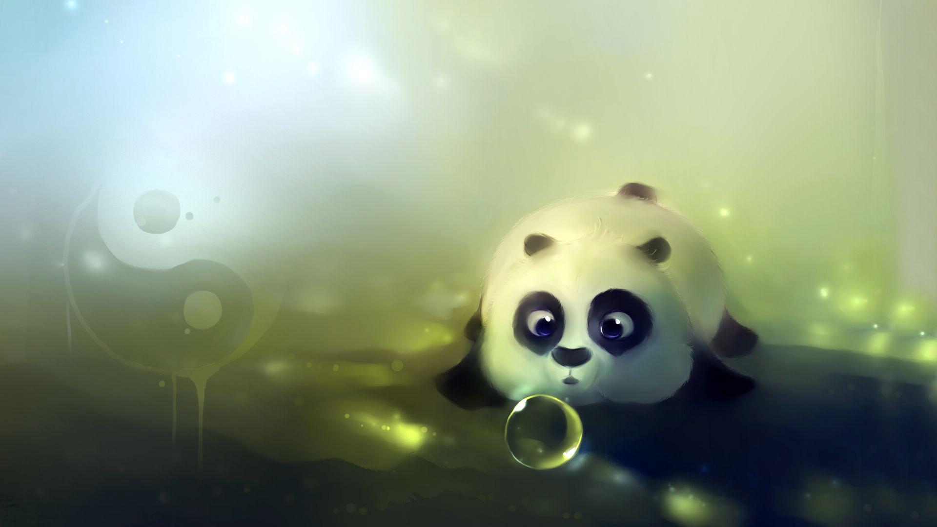 A cute baby panda stares curiously at a bubble in a serene green backdrop, with a yin-yang symbol subtly present. This whimsical image is perfect for laptop wallpaper