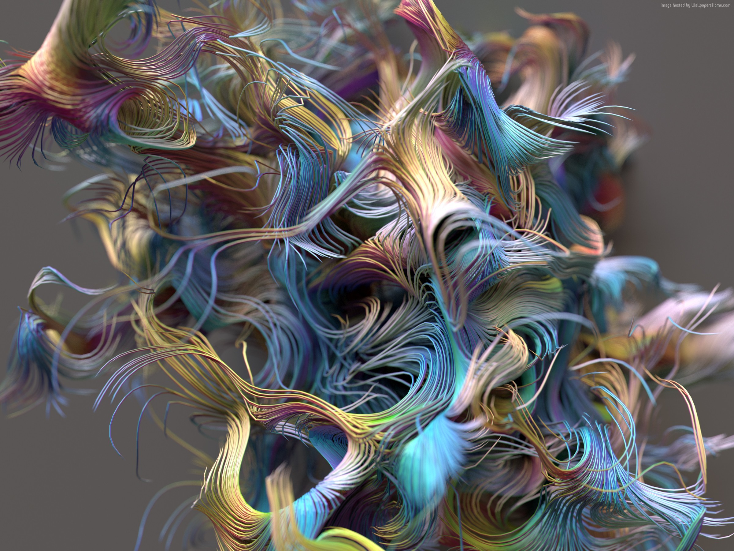 Abstract 4K wallpaper with swirling, colorful strands resembling fiber optic cables or brushstrokes, creating a dynamic and vibrant visual