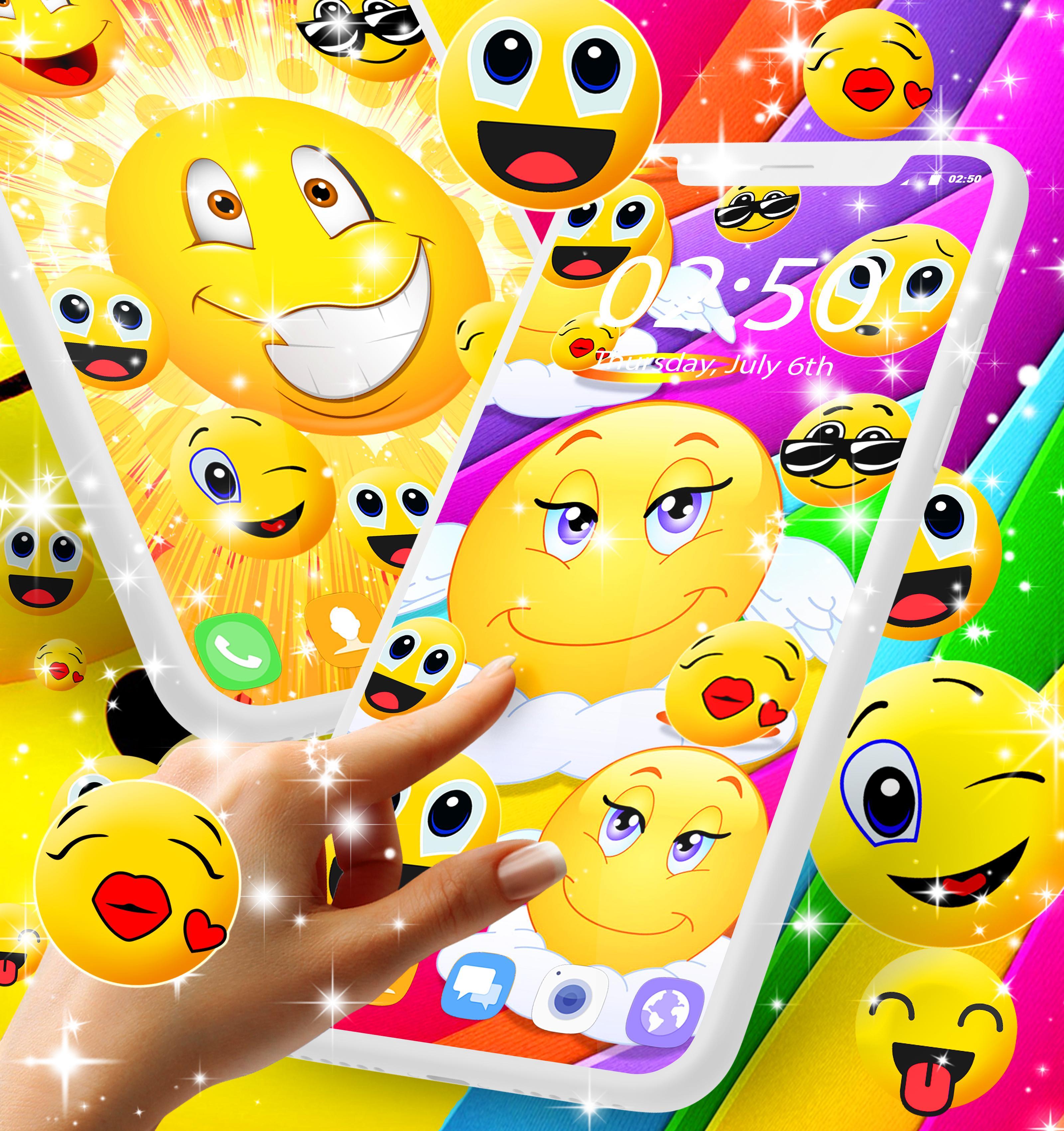 A collage of various emoji faces on a vibrant, colorful phone background, demonstrating an emoji wallpaper theme