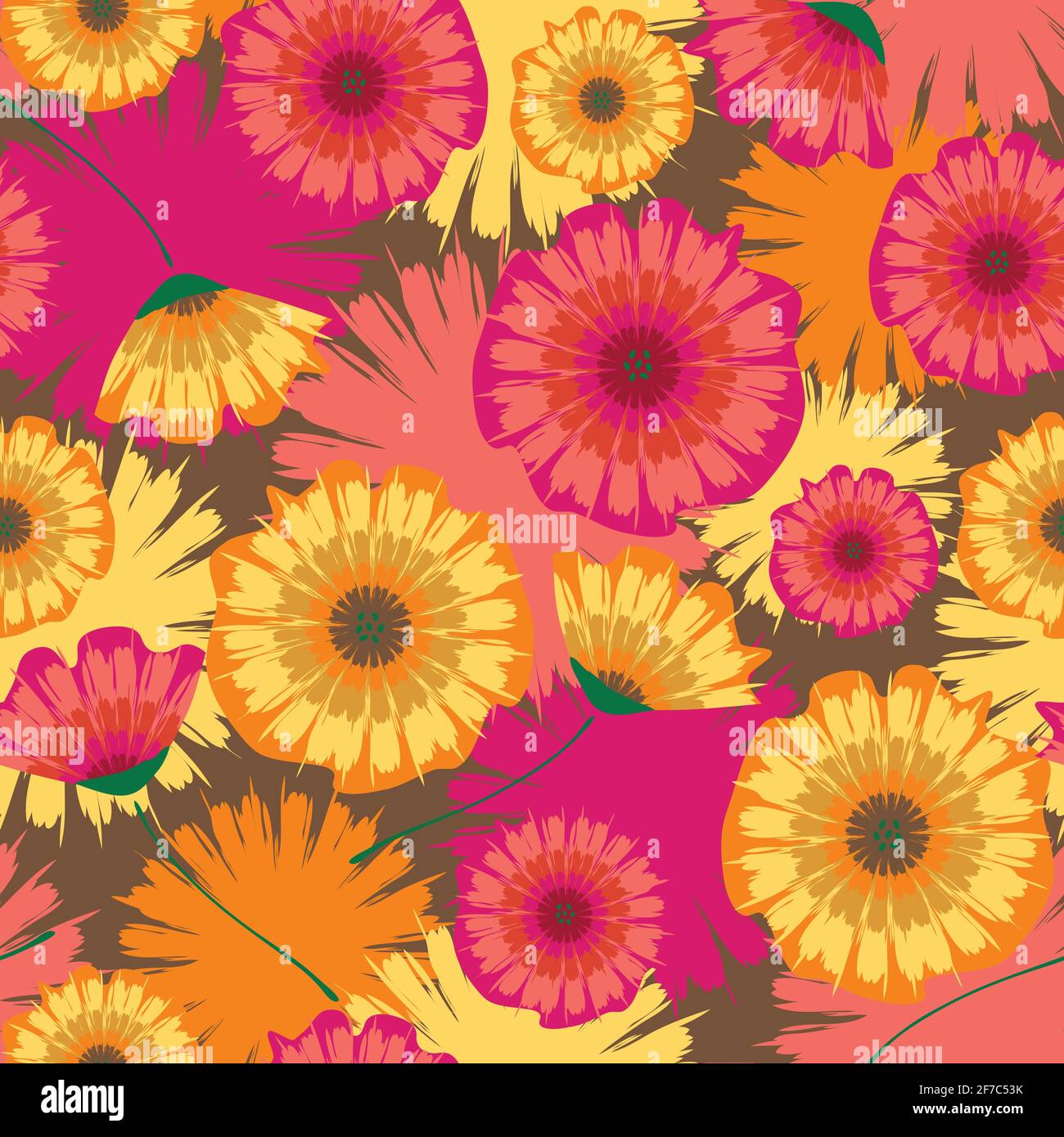 Seamless Vector Pattern With Summer Flowers Tie Dye Background