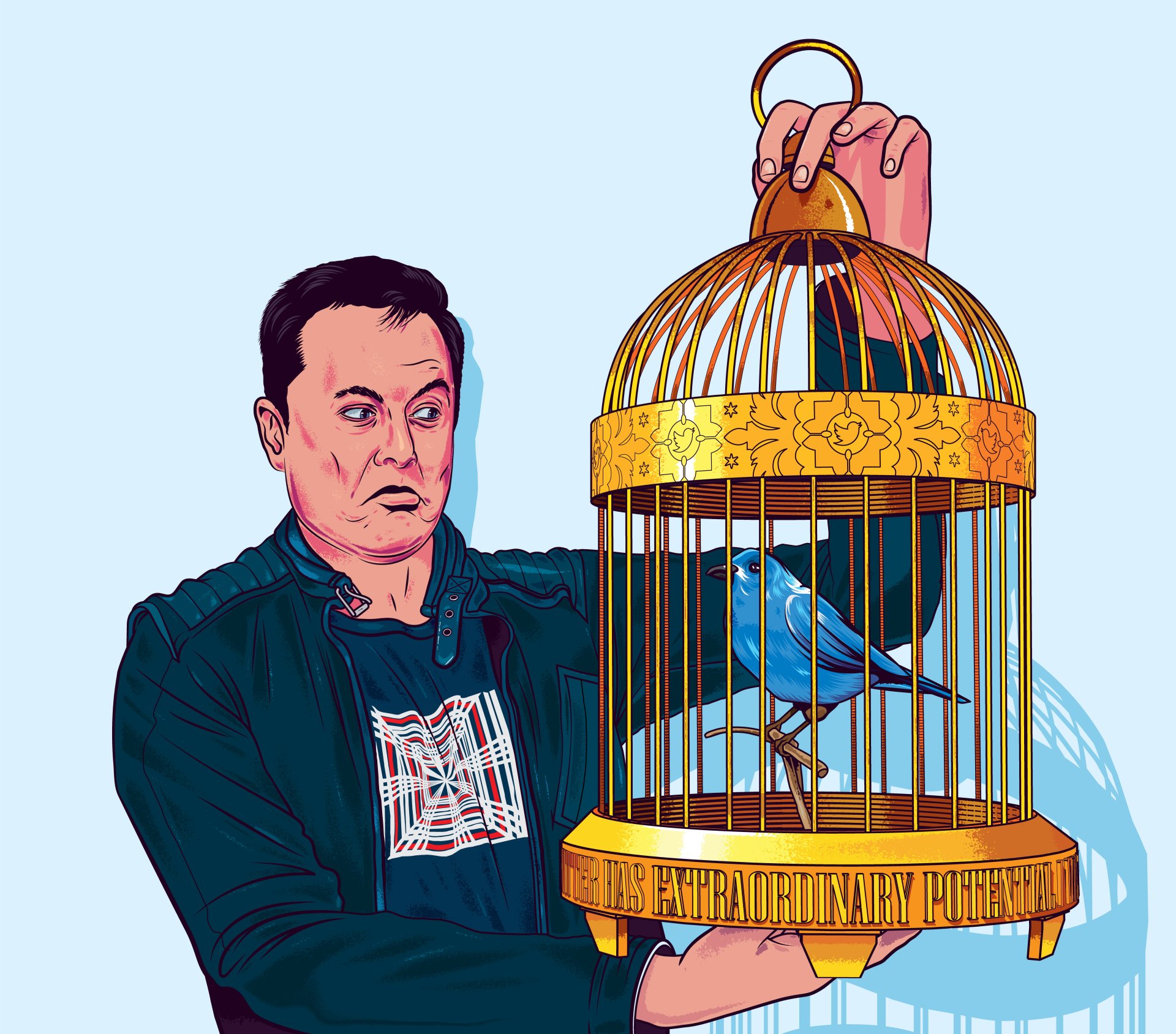 Cartoon depiction of Elon Musk holding a golden birdcage containing a blue Twitter bird, symbolizing his ownership and control of the platform