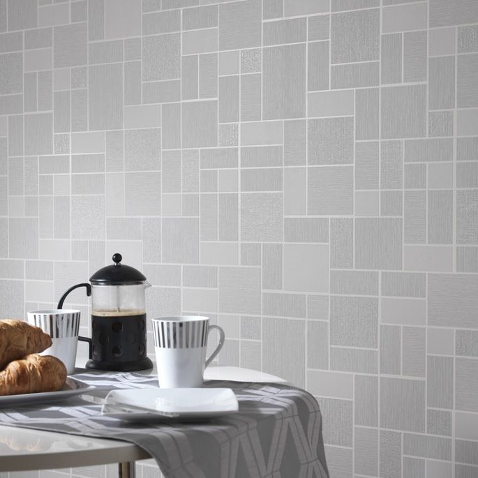 Grey Glitter Tile Wallpaper Kitchen and Bathroom Tiling on a Roll
