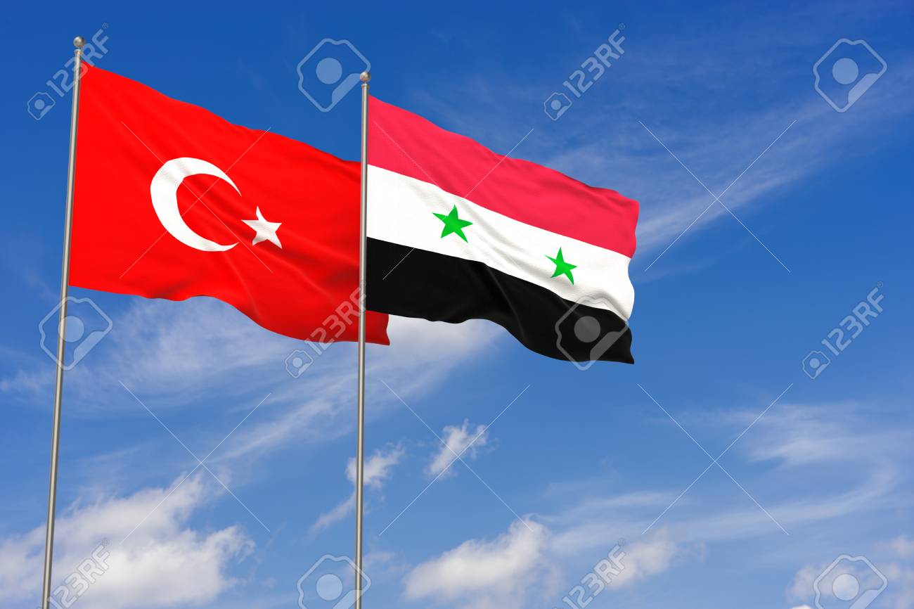Turkey And Syria Flags Over Blue Sky Background 3d Illustration