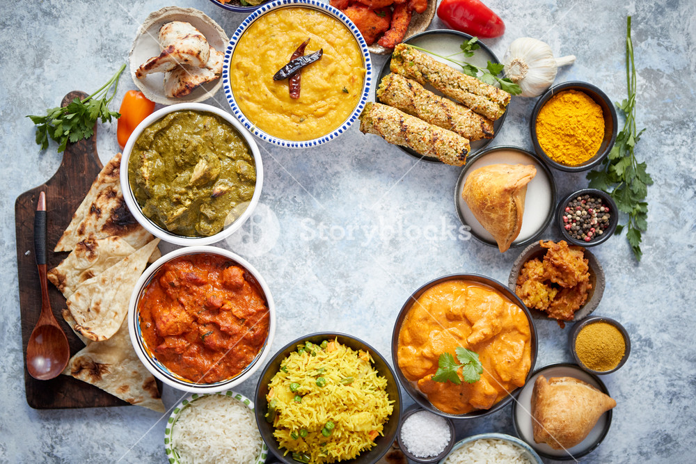 Assorted Indian Food On Stone Background Dishes Of Cuisine