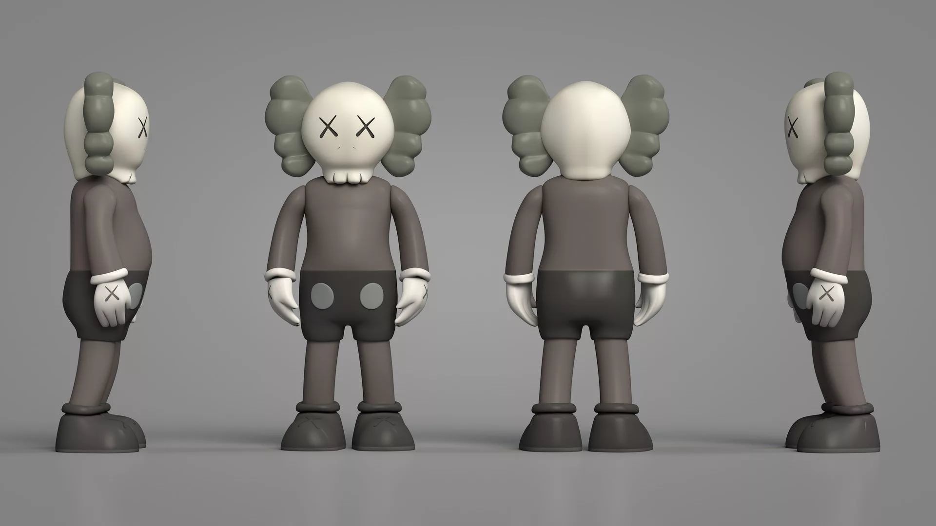 3D model of a Kaws Companion figure in various angles against a gray backdrop
