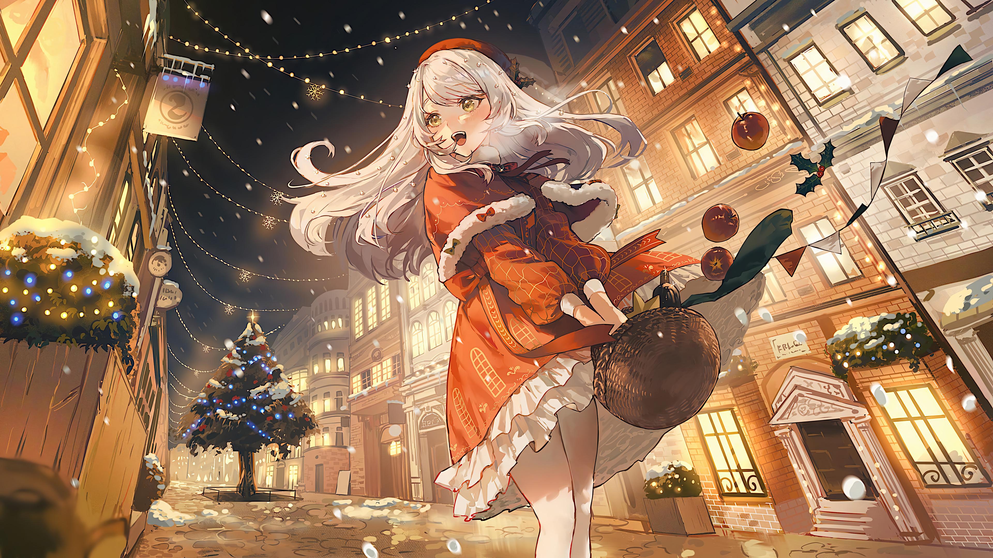 Christmas Anime Girl Snow White Hair 4K Wallpaper iPhone HD Phone