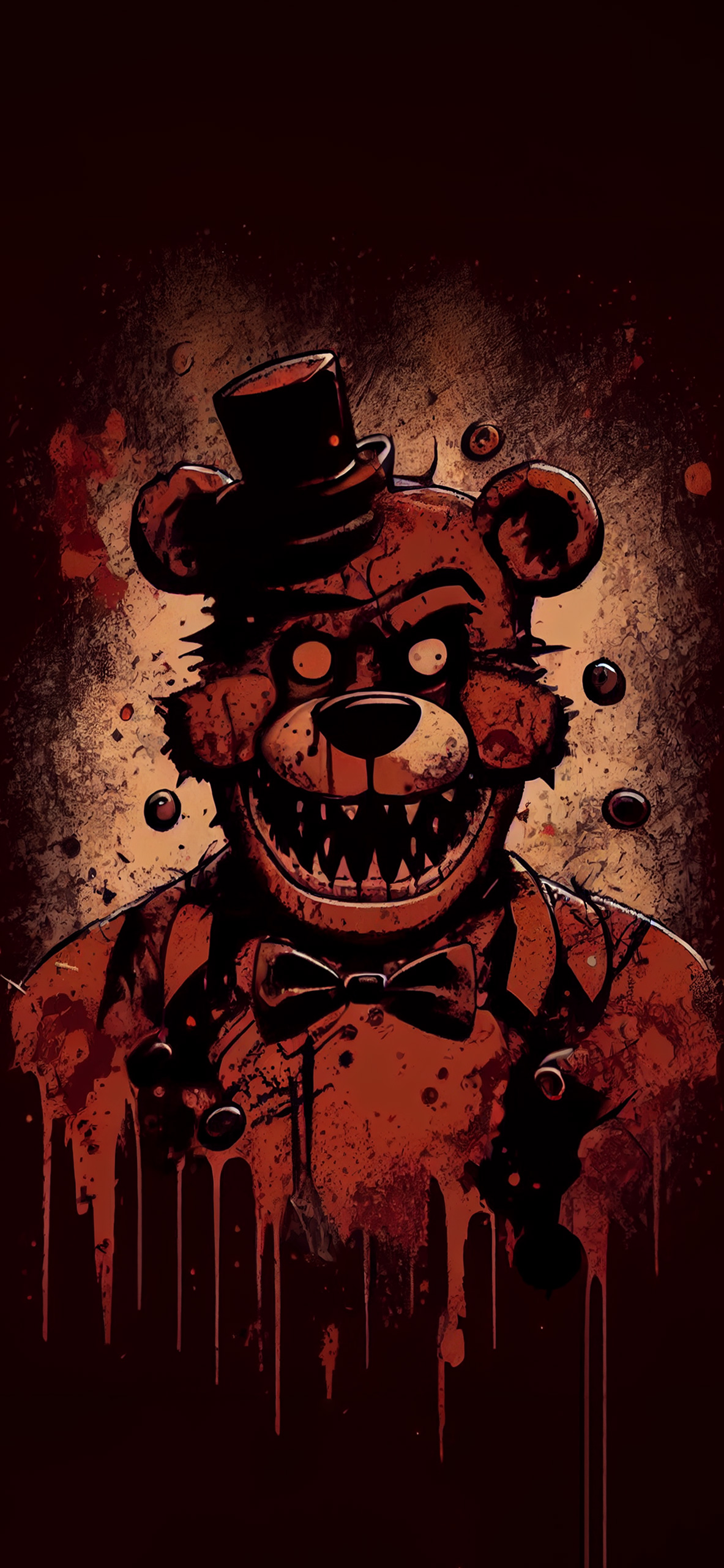 A chilling illustration of Freddy Fazbear from Five Nights at Freddy's, covered in blood and with a menacing grin