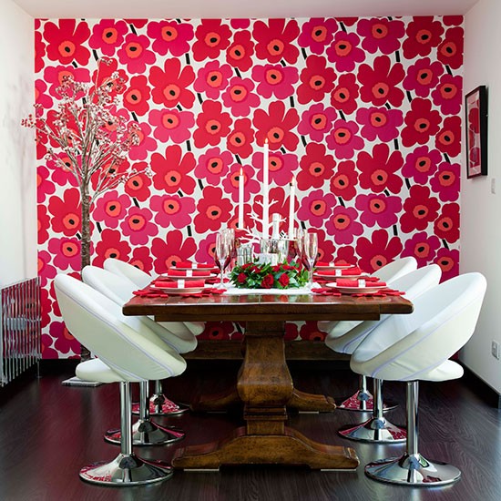 Modern Dining Room With Red Floral Wallpaper Decorating