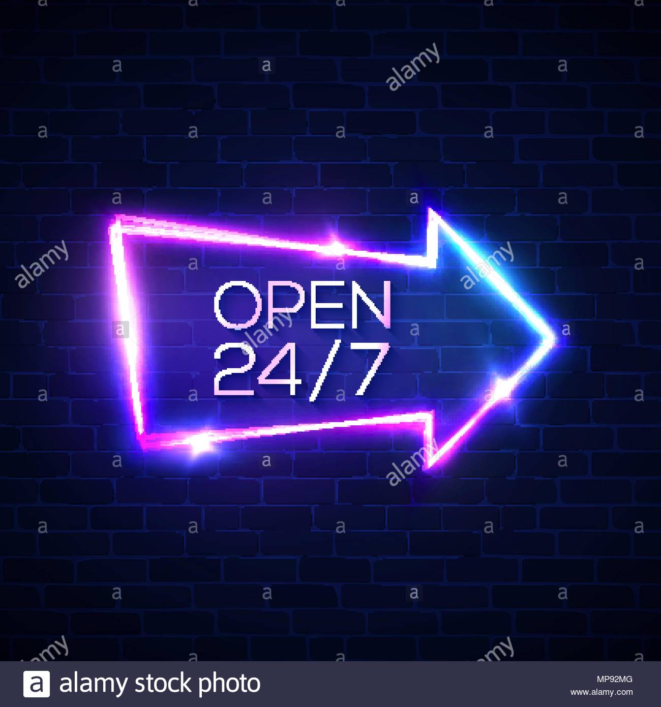Open Hours Neon Light Sign On Brick Wall Background
