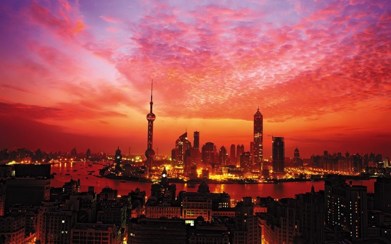 Wallpaper City Landscape Shanghai River Beautiful Warm Colored Sky