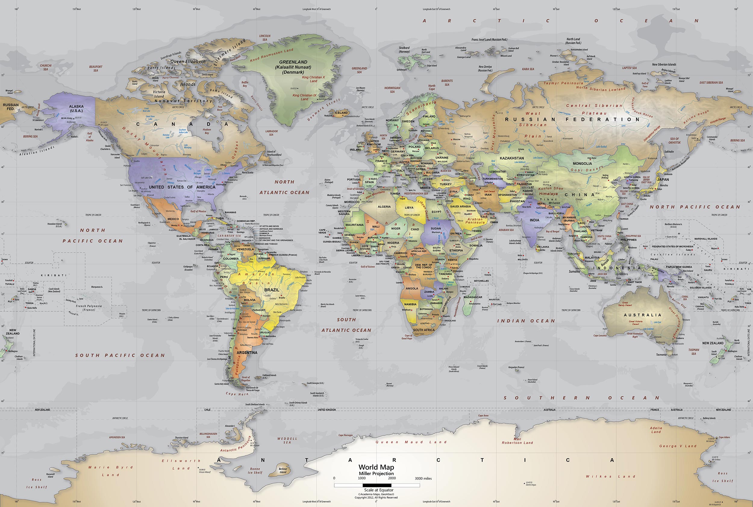 Gray Oceans World Political Map Wall Mural   Miller Projection