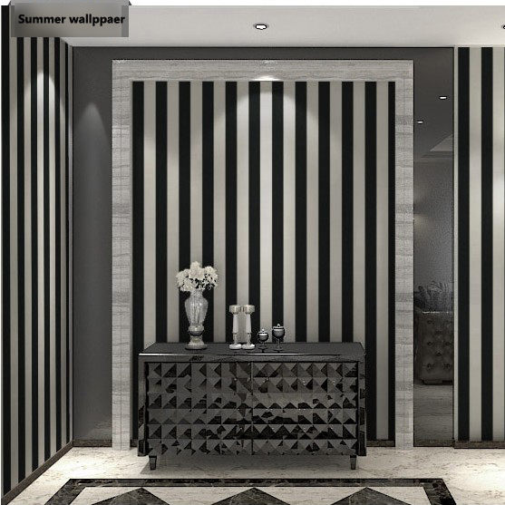 Mediterranean Style Pvc Material Black And Light Grey Stripe Wallpaper