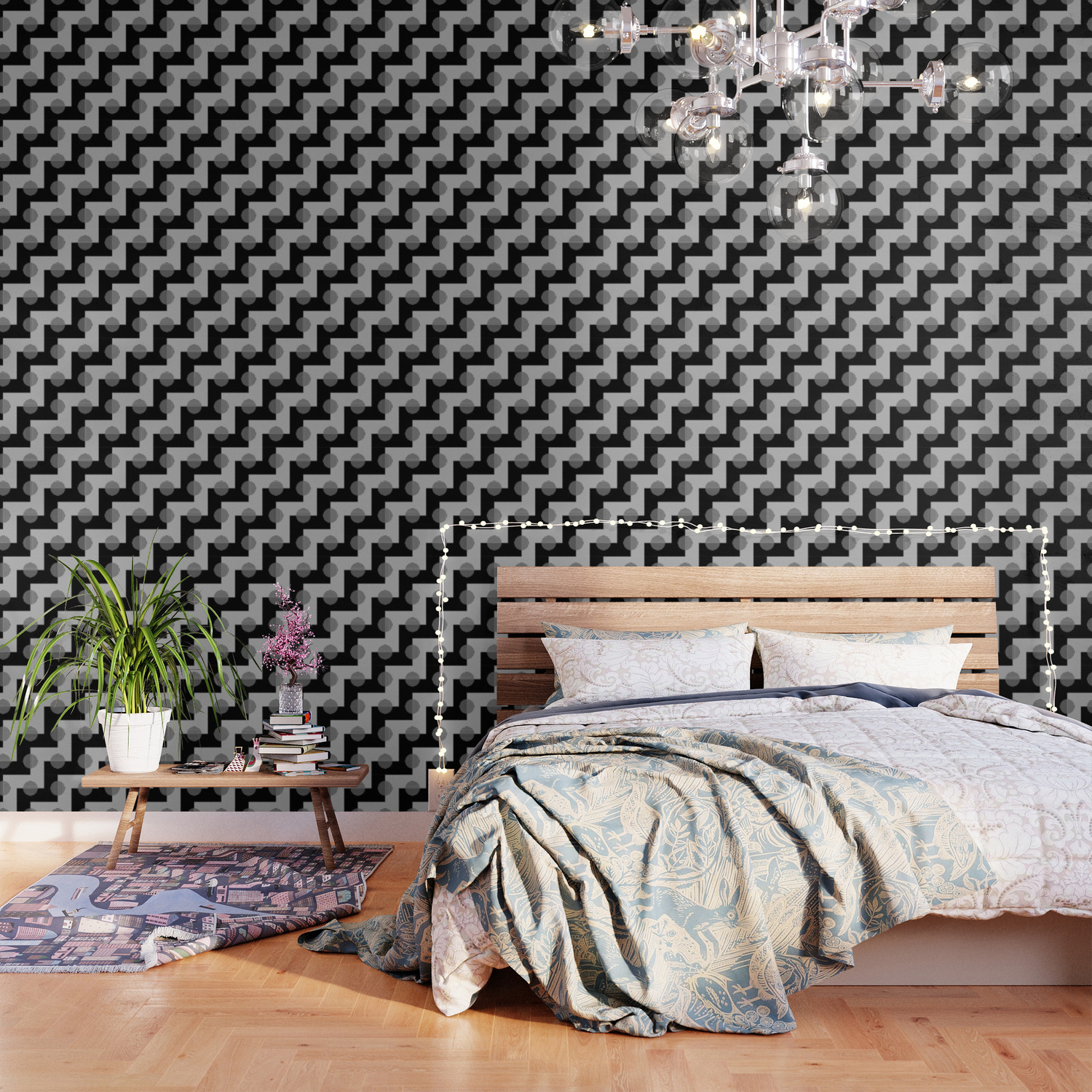 Geometric Zig Zags Circles Pattern Black White Gray Wallpaper