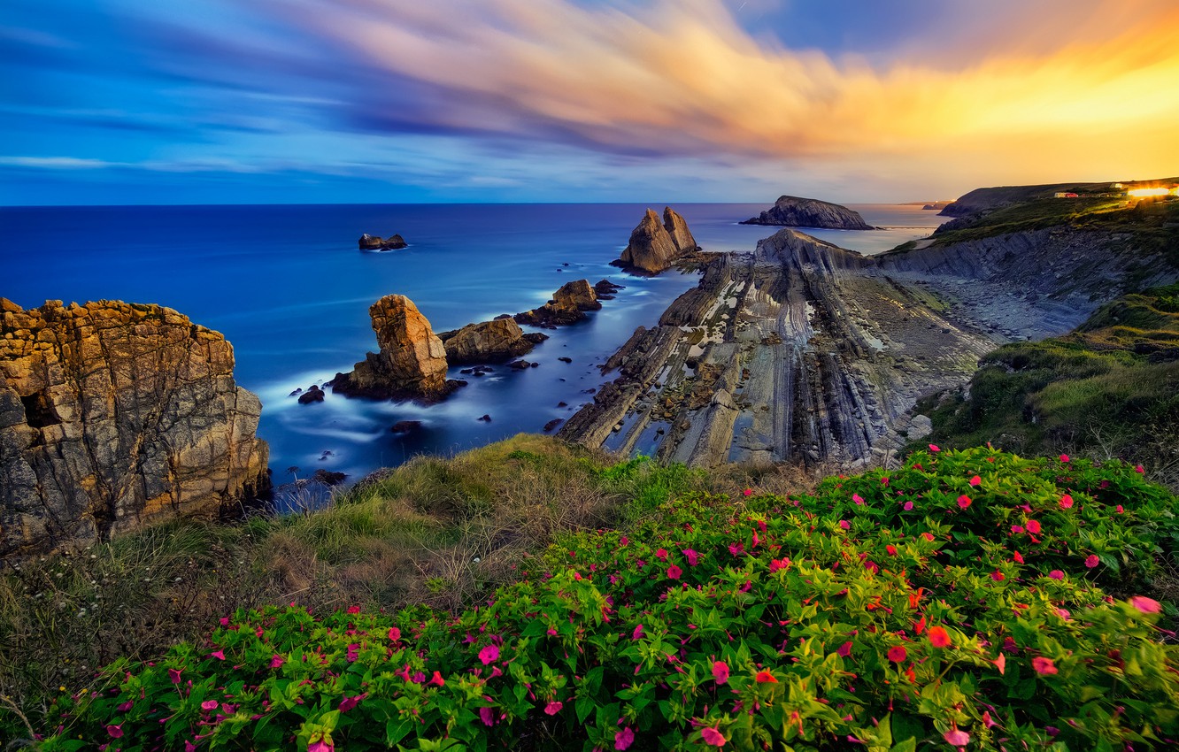 Wallpaper Sea Sunset Flowers Rocks Coast Spain Costa
