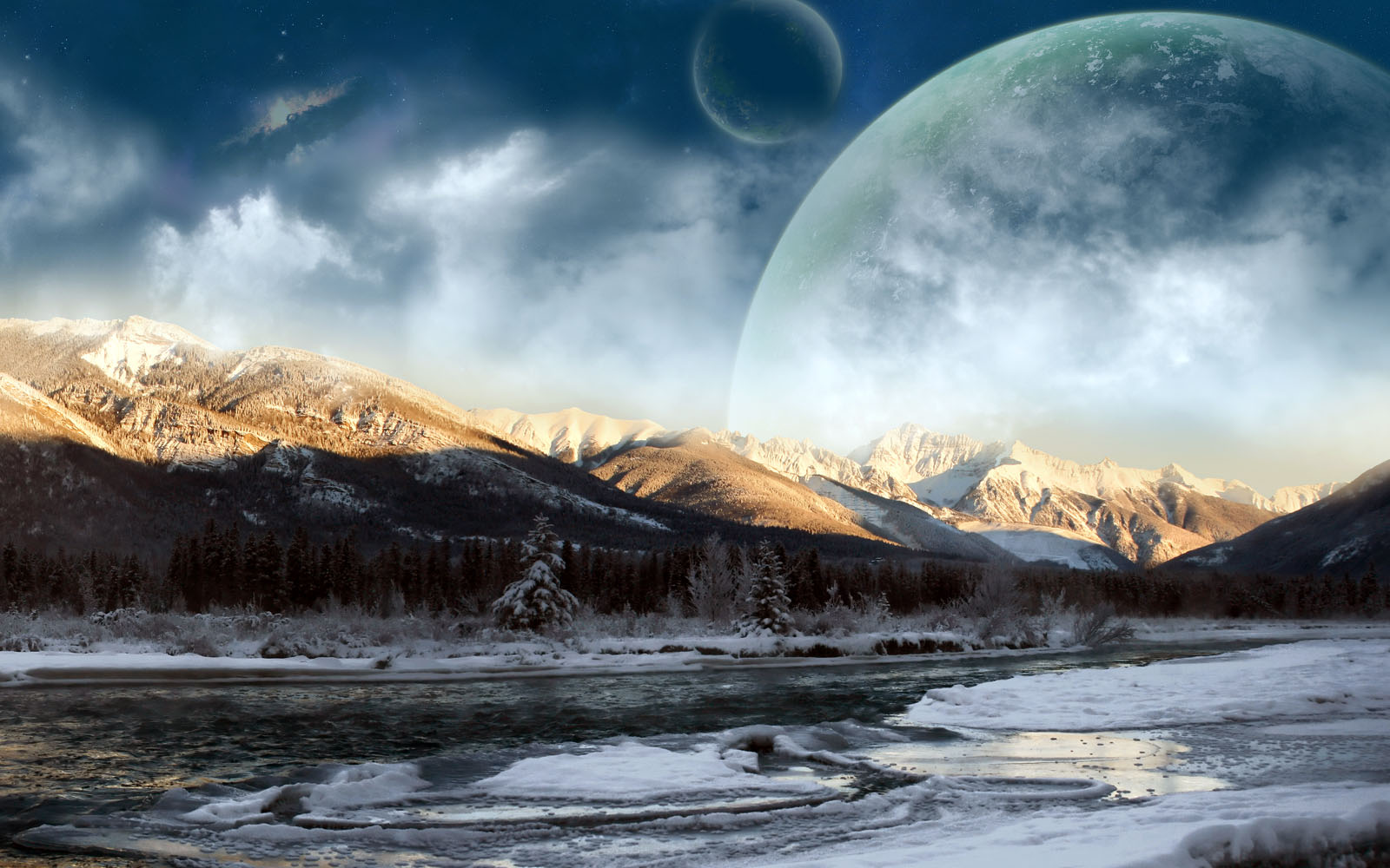 Fantasy winter landscape with snow-covered mountains, icy river, and large planets in the sky, suitable for a laptop wallpaper