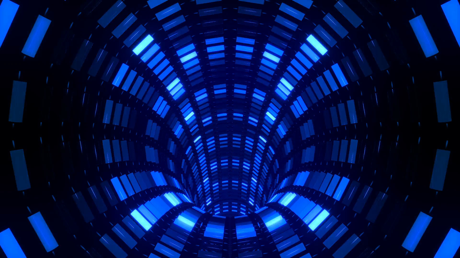 A mesmerizing neon blue tunnel, glowing with vibrant rectangular lights, creates an immersive digital art experience