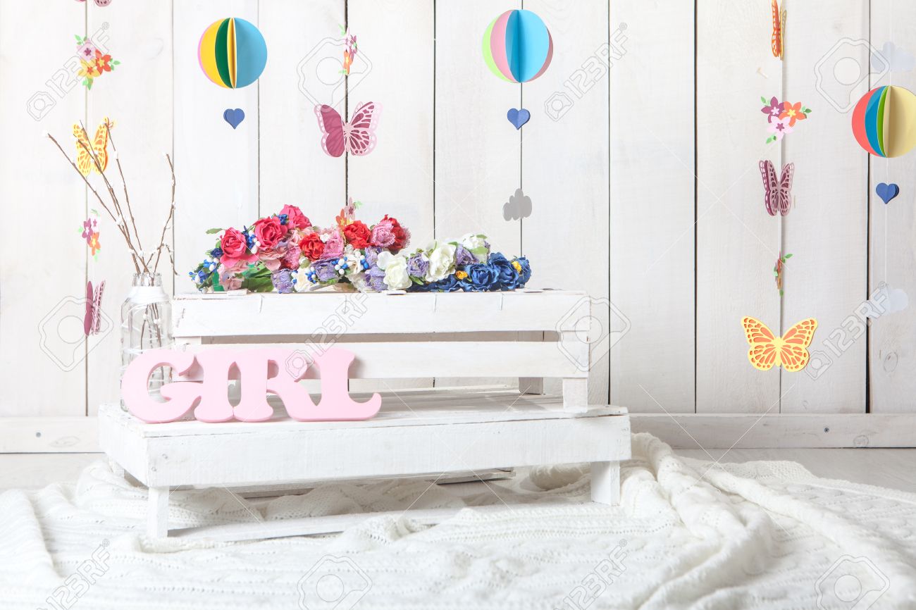 Baby Girl Child Photography Studio Background Setup Stock Photo
