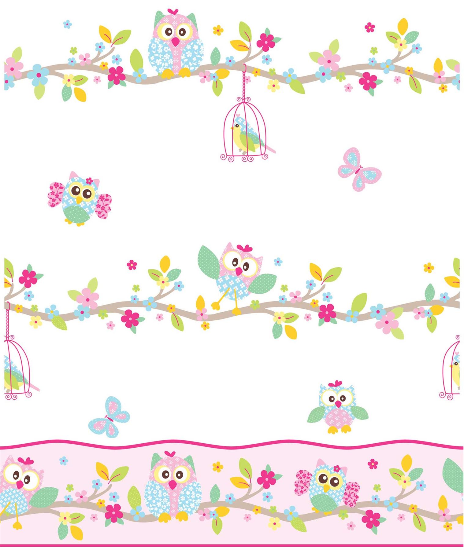 Patchwork Owl Wallpaper And Border White Pink Pastel Bedroom Nursery