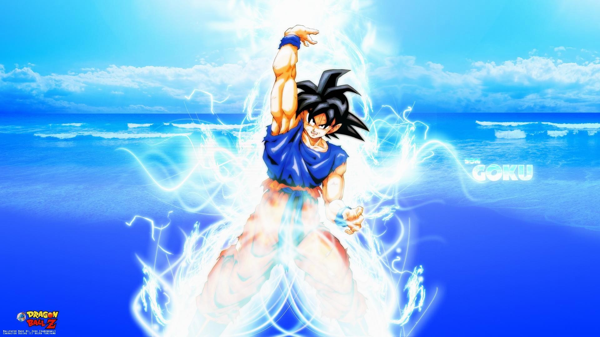 Goku powering up by the ocean in Dragon Ball Z