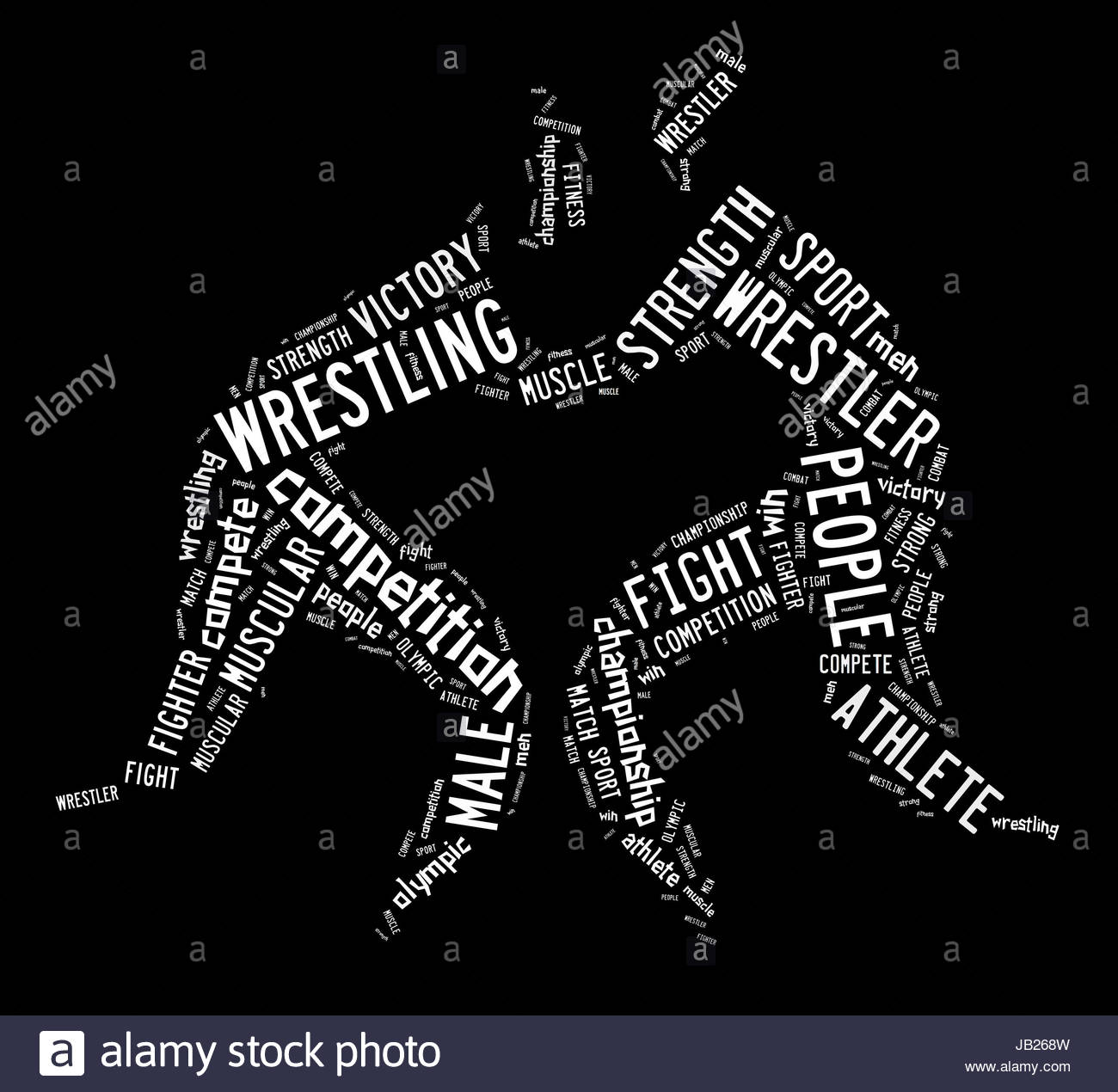 Wrestling Word Cloud With White Wordings On Black Background Stock