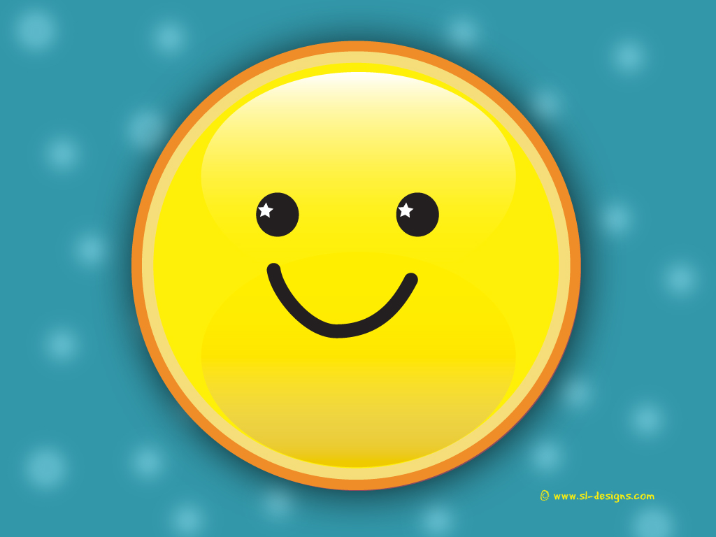 A cheerful yellow smiley face with star-shaped eyes on a teal background