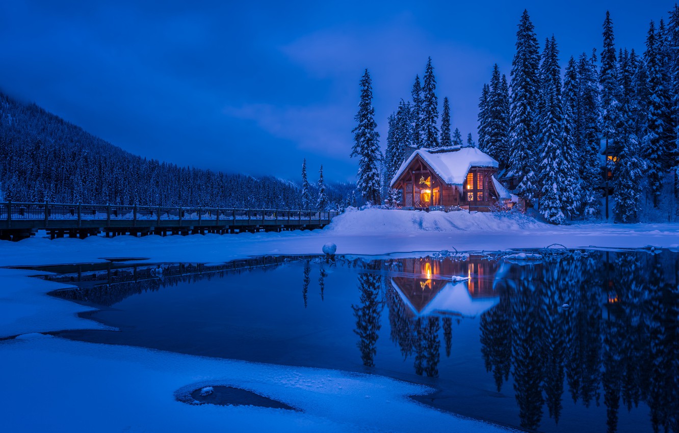 Wallpaper winter snow forrest lake house images for desktop