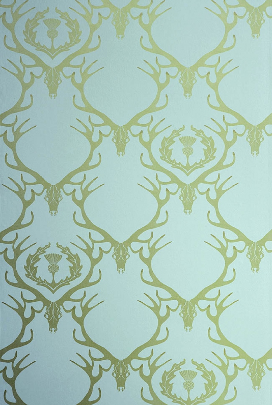Deer Damask Wallpaper Aqua With Gold Stag Head And Antlers