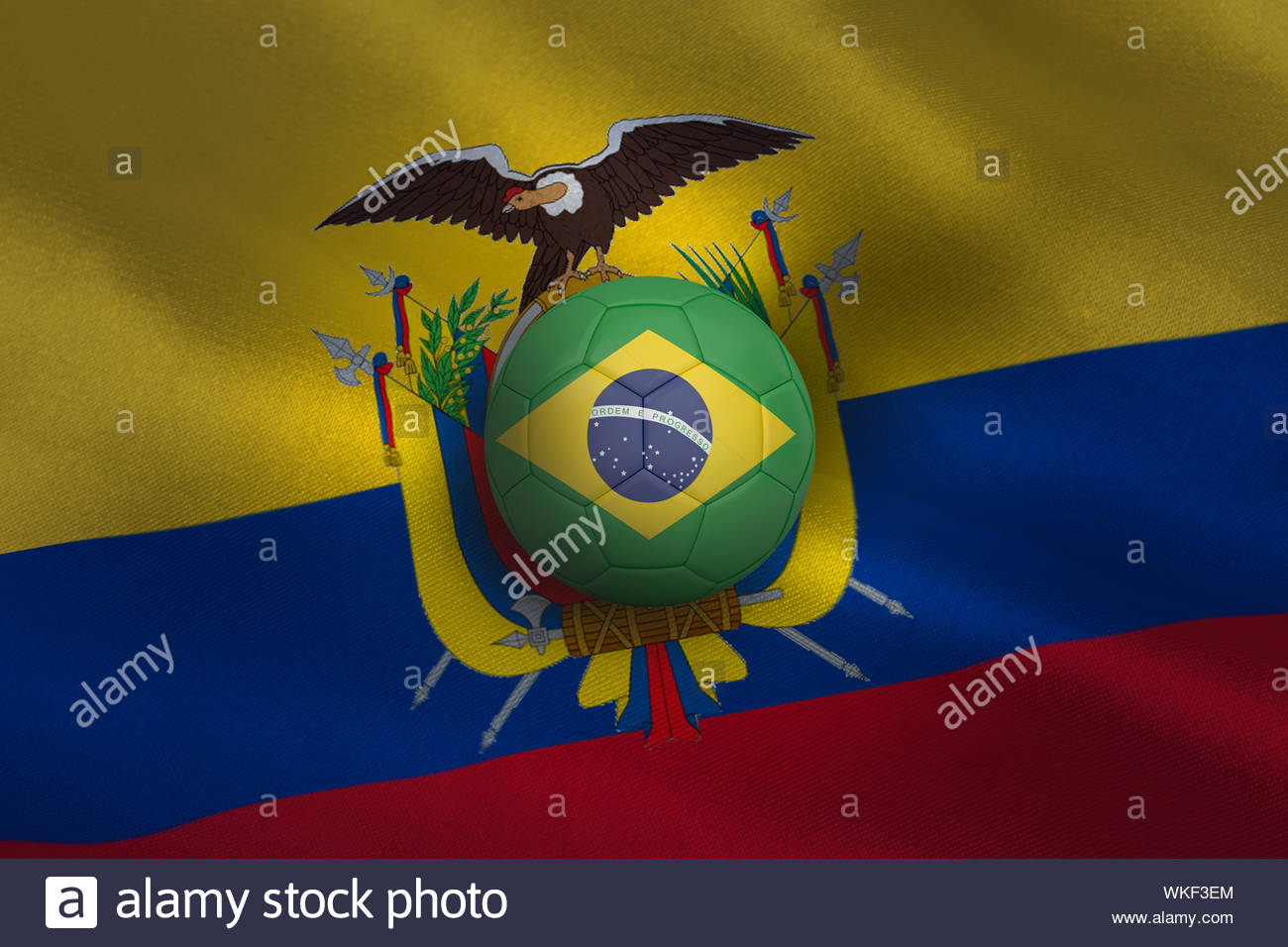 Football In Brasil Colours Against Ecuador Flag Background Stock