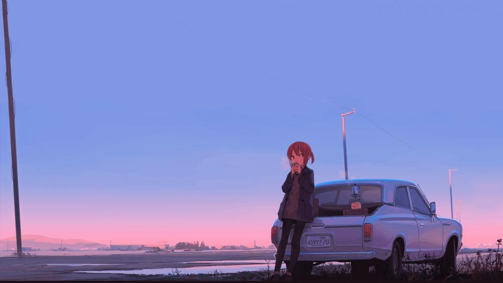Anime Girl Car Drinking Coffee backiee
