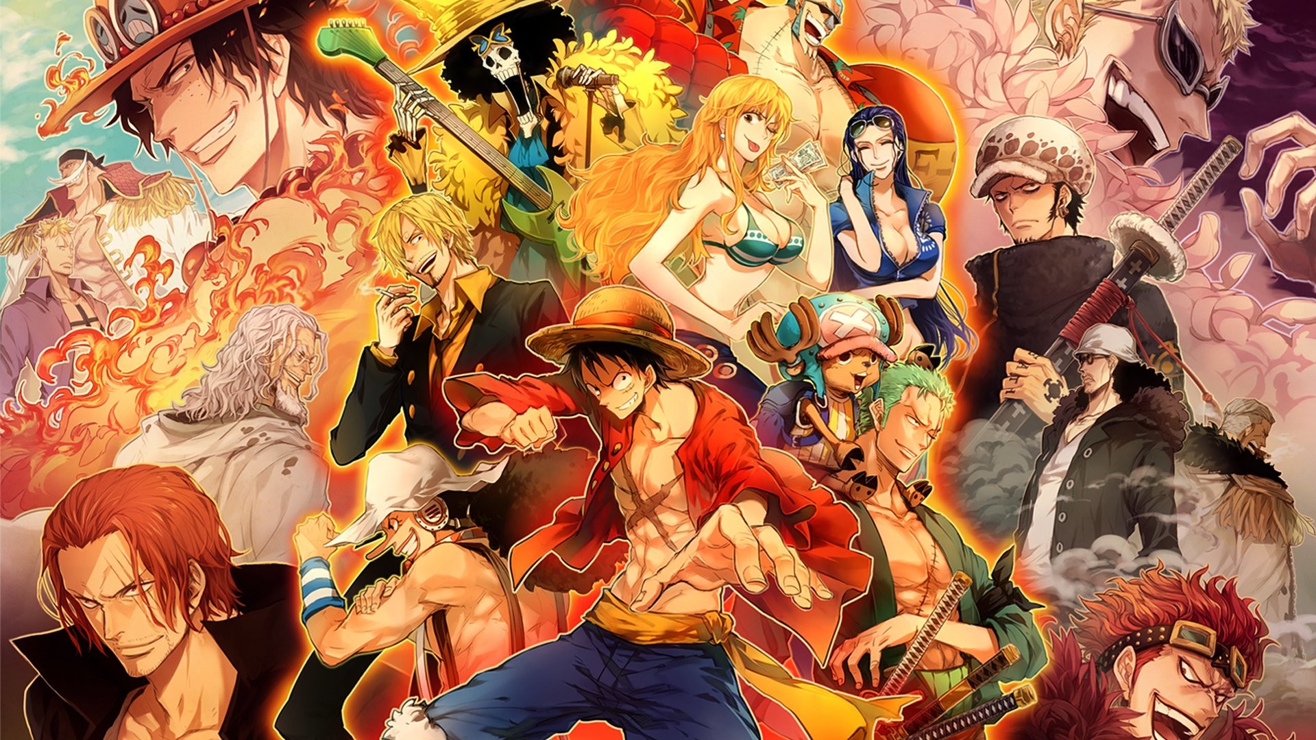 A vibrant collage of One Piece characters in 4K, featuring Luffy, Nami, Zoro, and others from the Straw Hat Crew, ideal for One Piece fans