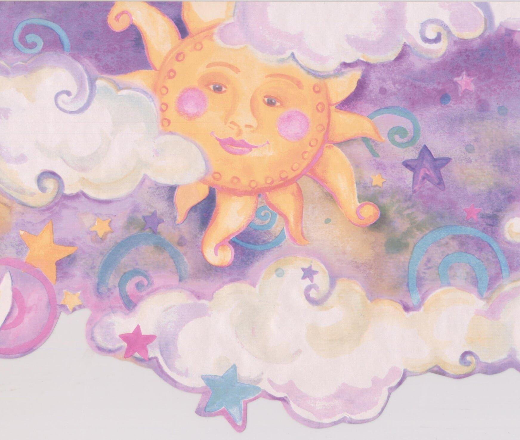 Smiling Sun Moon Purple Clouds Stars Kids Wallpaper Border Retro