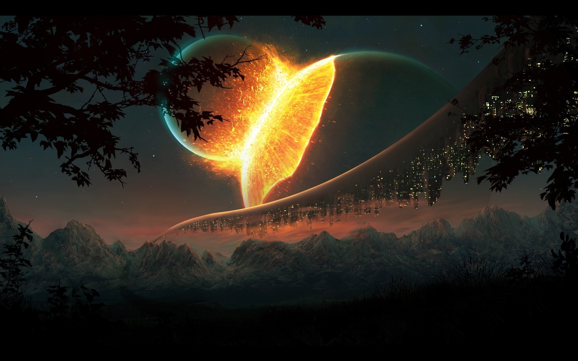 A digital art piece depicting a futuristic apocalyptic scene with colliding planets and a city built on a ring structure